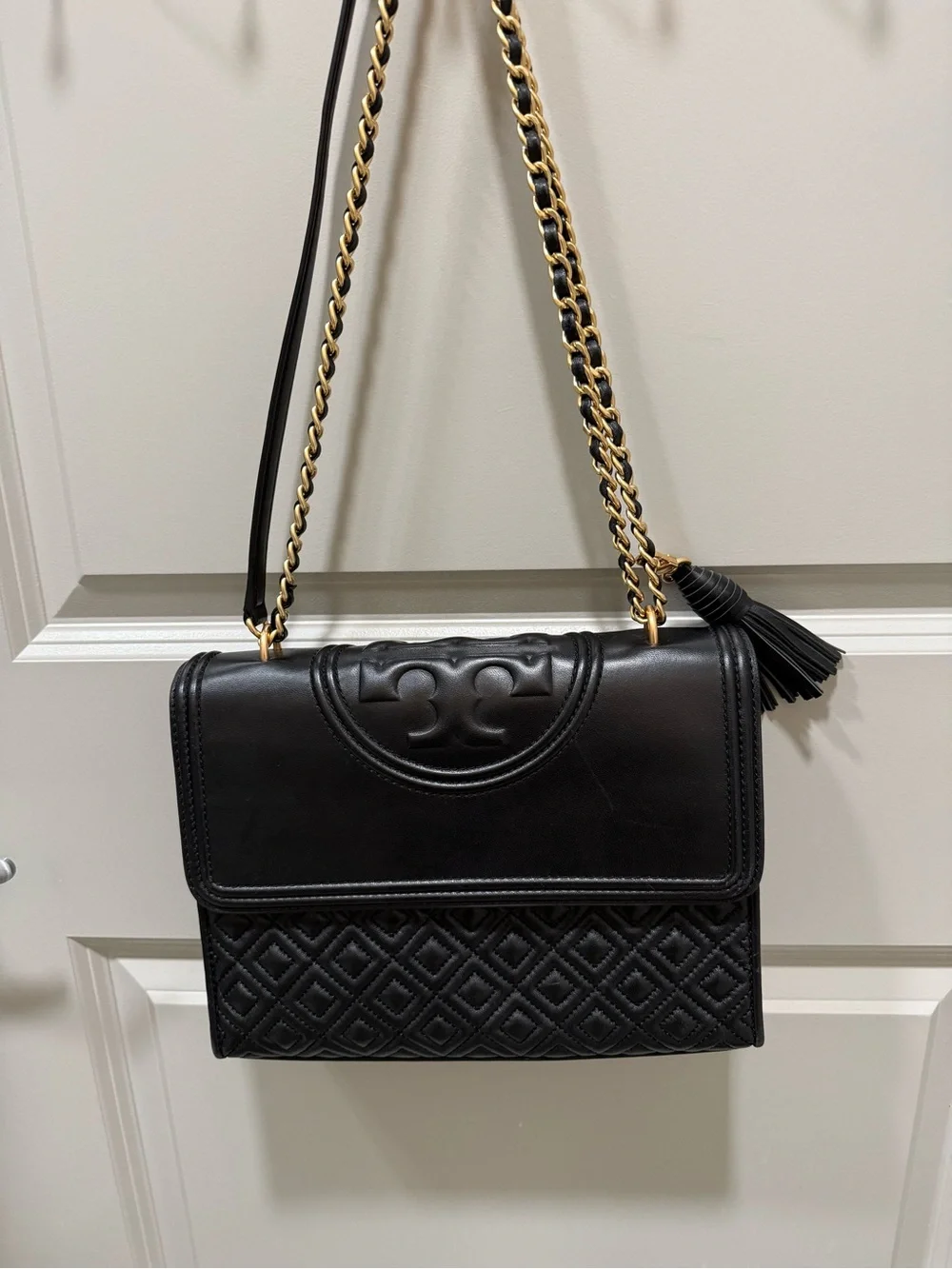 Authentic Tory Burch Black Quilted Leather Shoulder Bag with Tassel and Gold
